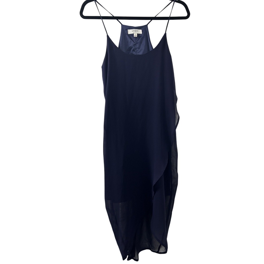 Umgee Chiffon Draped Midi Dress S Navy Blue Spaghetti Strap Racerback Minimalist